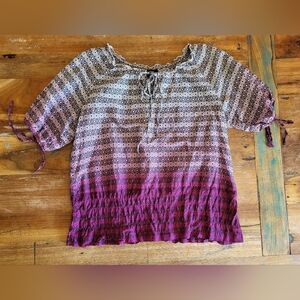 Mossimo Women Med Pink White Black Geometric Short Sleeve Puff Sleeve Blouse B5